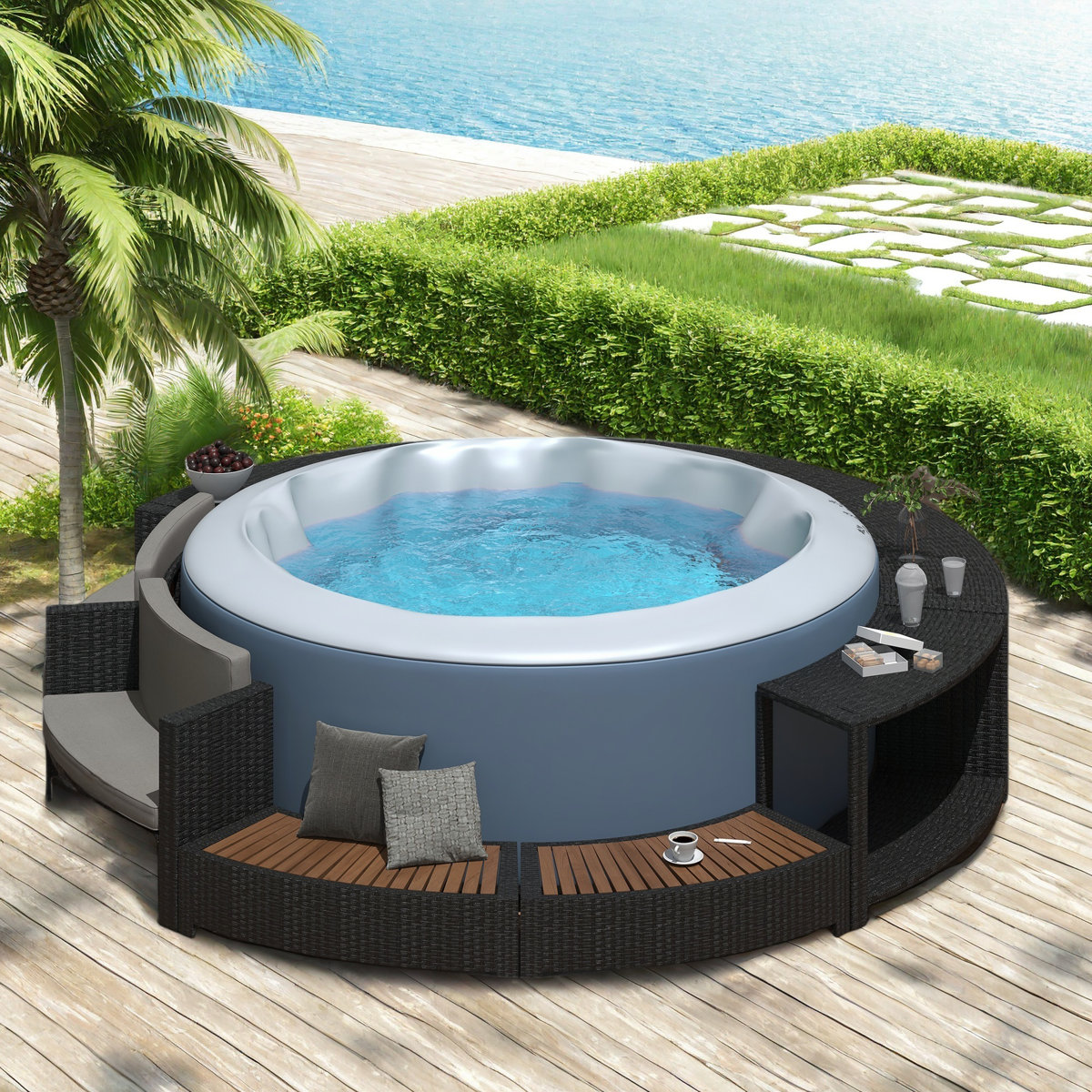Spa Surround Spa Frame Patio Rattan Sofa Set with Storage Spaces, Mini Sofa and Comfortable Cushion for  Patio,Backyard, Grey